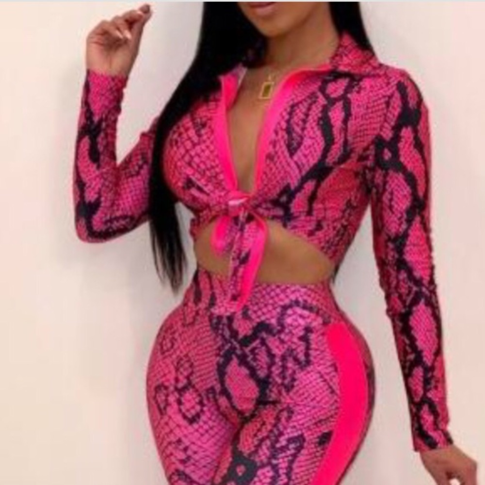 Snake Print Tie Front Jacket and Pants Set